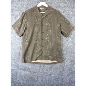 Tommy Bahama Mens Small 100%‎ Silk Camp Shirt Olive Brown Leaf Jacquard Tropical